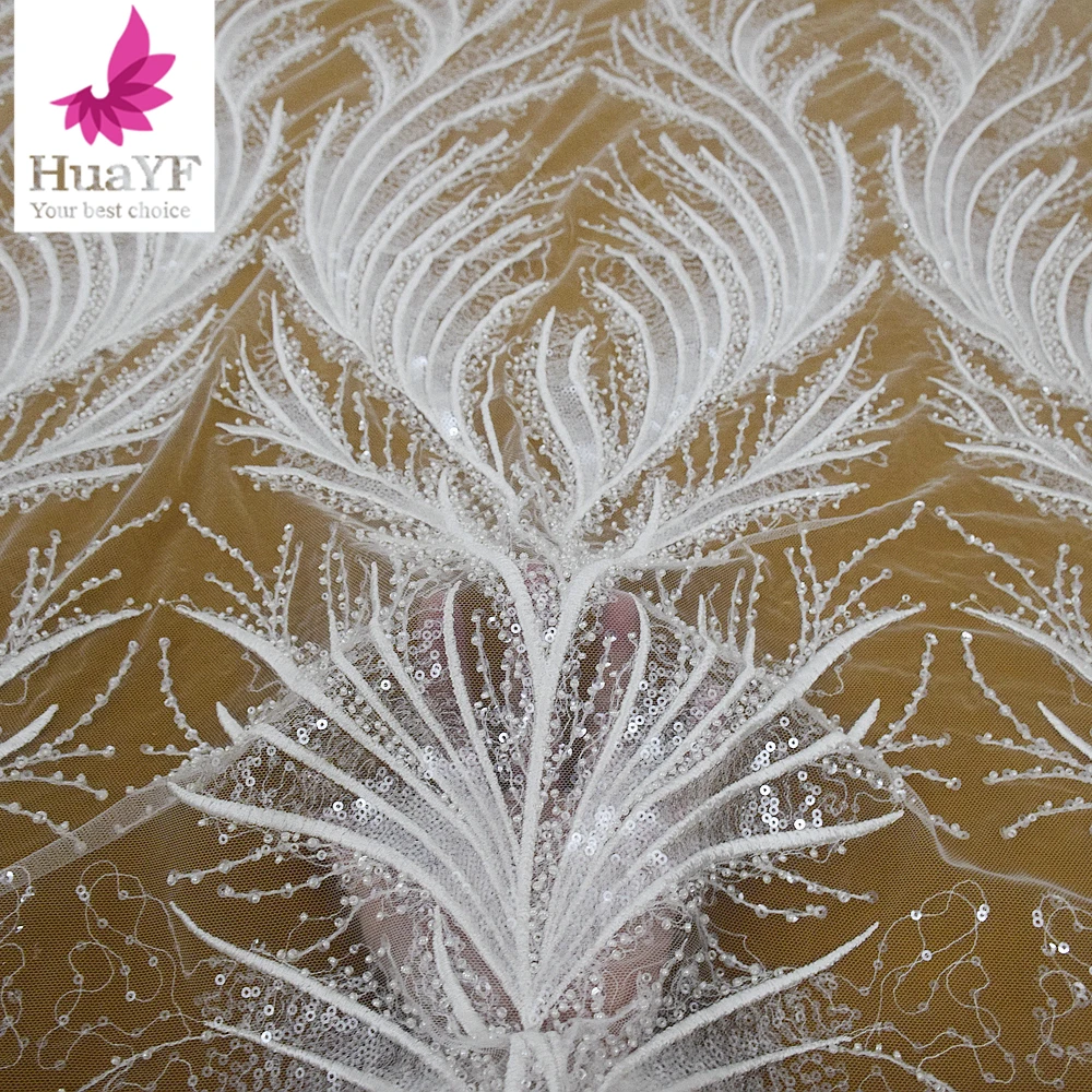 1 Yard French Sequin Heavy Bead Leaf Shaped Tulle White Romantic Bridal Wedding Dress Lace Fabric HY1511