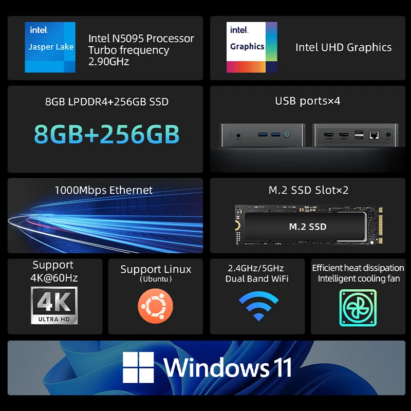 BMAX-Mini PC b3 Pro,Windows 11, Intel n5095,8GB RAM,ddr4,256GB SSD,1000mbps uhdグラフィックス,イーサネット