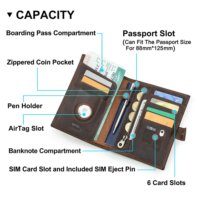 Dompet Paspor Kulit Asli CONTACT'S untuk Pria, Slot AirTag, Tempat Pena, Tempat Kartu RFID, Dompet Perjalanan dan Paspor untuk Wanita