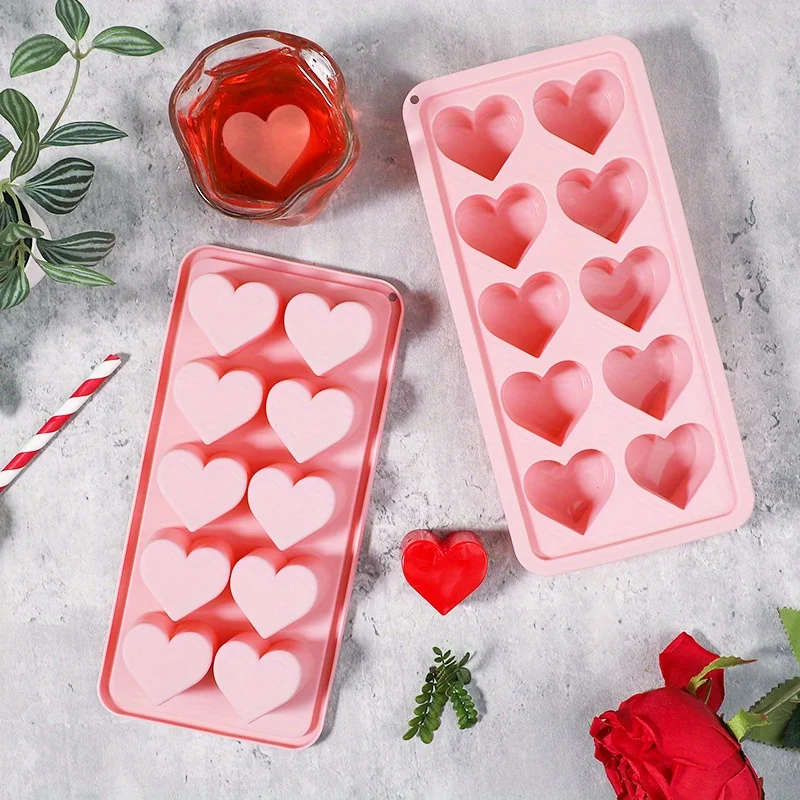 Conjunto de moldes para gelo, bandeja de gelo em formato de coração com 10 furos, molde de gelo de silicone rosa, uísque, fácil de desenformar, reutilizável, material de qualidade alimentar, Val