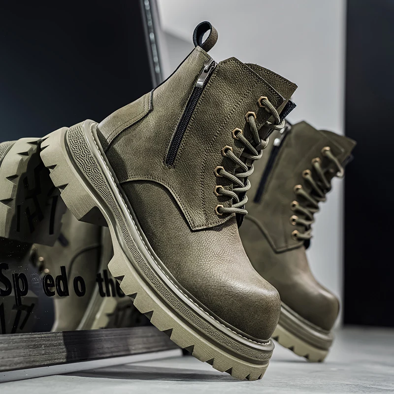 

Ankle Boots Round Toe Casual Hiking Footwear Motorcycle Men's Biker High Top Shoes Platform Outdoor Wear-Resistant Water Proof