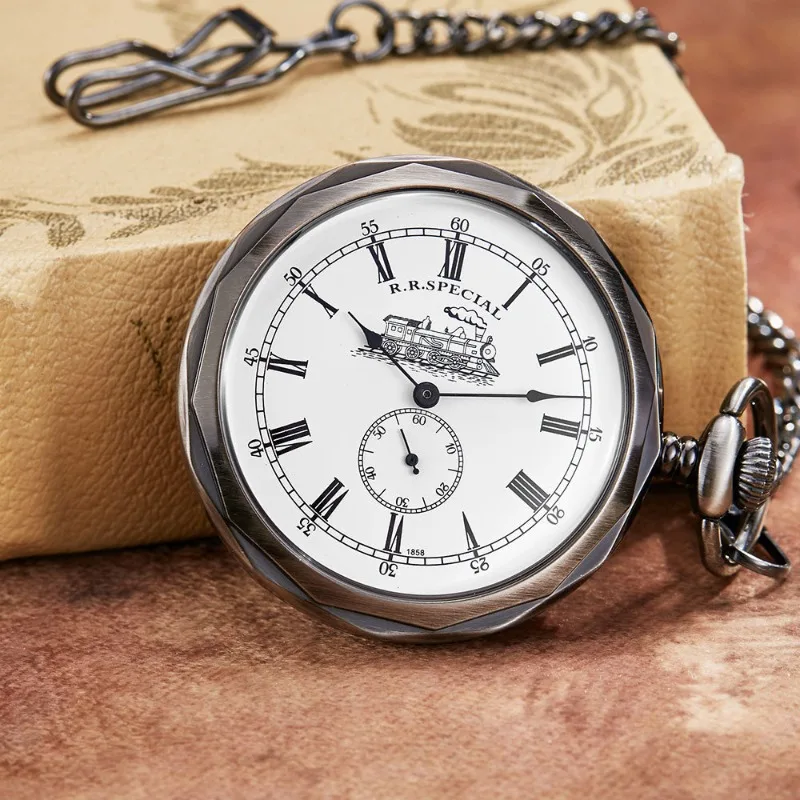 Vintage Railway Locomotive Unisex Handwind Mechanical Pocket Watch Open Face Roman Number Pendant Chain Clock Gift