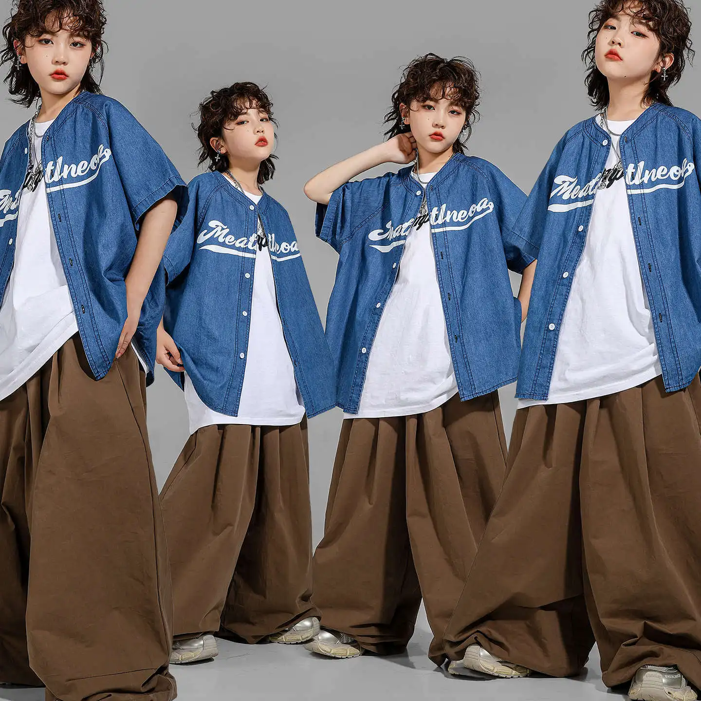 

Kid Hip Hop Clothing Blue Baseball Cardigan Jeans Shirt Coffee Casual Wide Leg Pleated Pants for Girl Boy Dance Costume Clothes