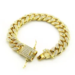 YQ 12MM Luxury Cuban Bracelet Hand Chain For Men Full Zircon Hip Hop Accessory Jewelry