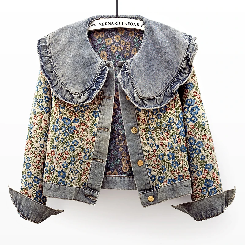 Flower Embroidery Peter Pan Collar Denim Jacket Women Loose Short Cowboy Outerwear Spring Autumn Vintage Jeans Jackets Female