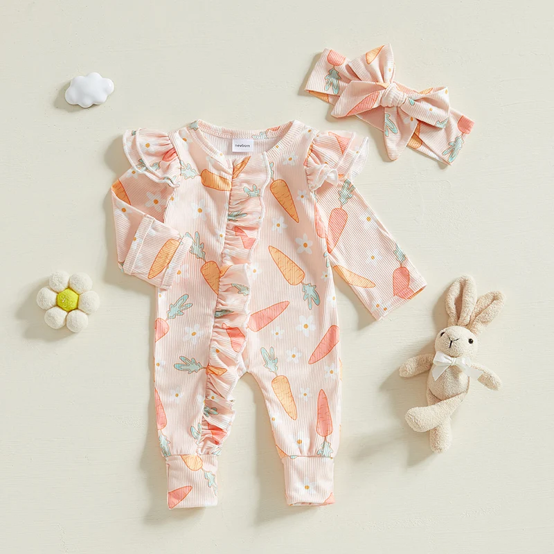 Pudcoco Infant Baby Girl Fall Outfit, Long Sleeve Carrot Flower Print Jumpsuit with Headband Easter Clothes 0-6M