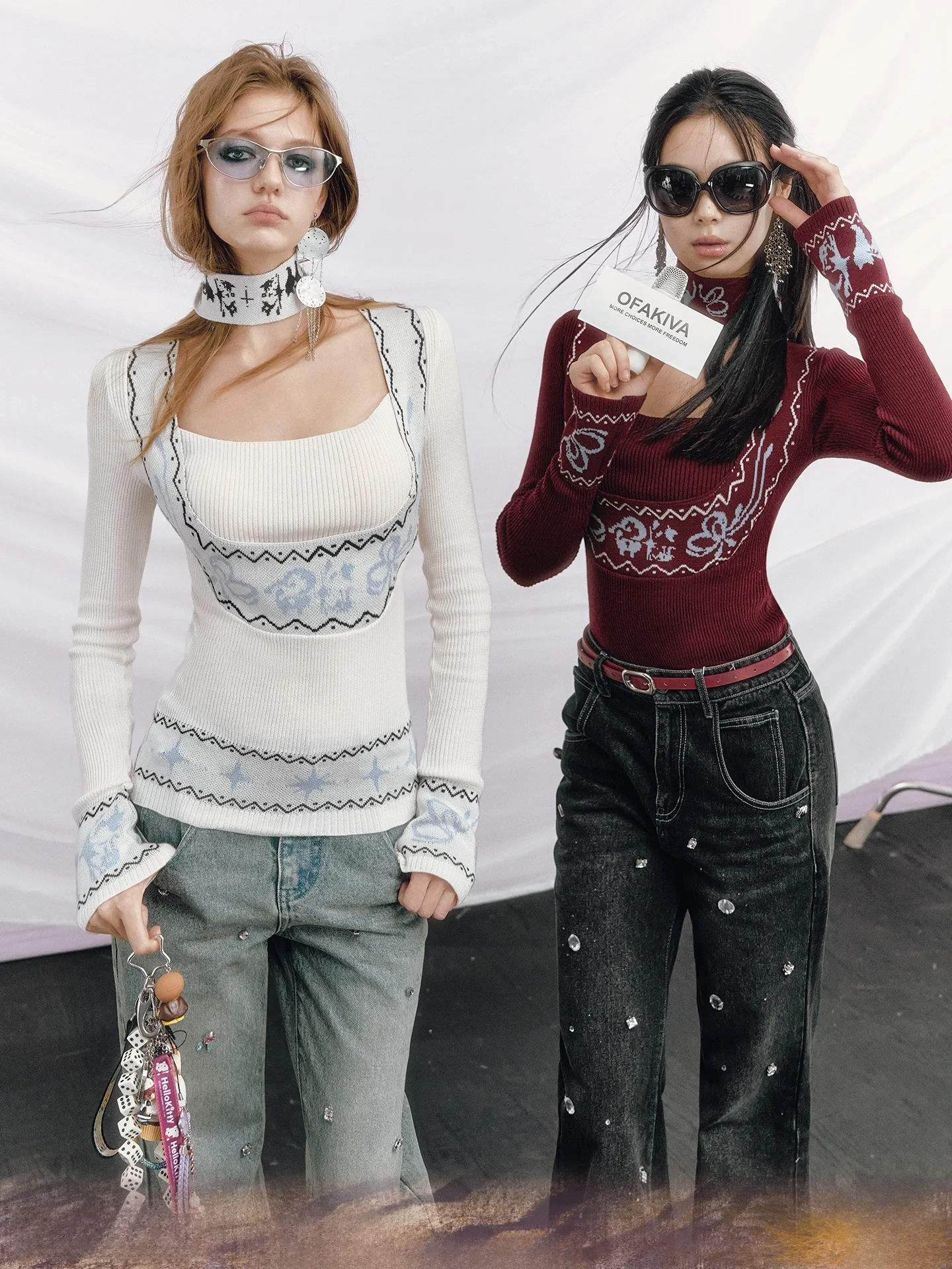 

Винтажный вязаный свитер OfAkiva с квадратным воротником, женский, модный, с цветочной вышивкой, приталенный, с длинными рукавами, повседневный, с узлом