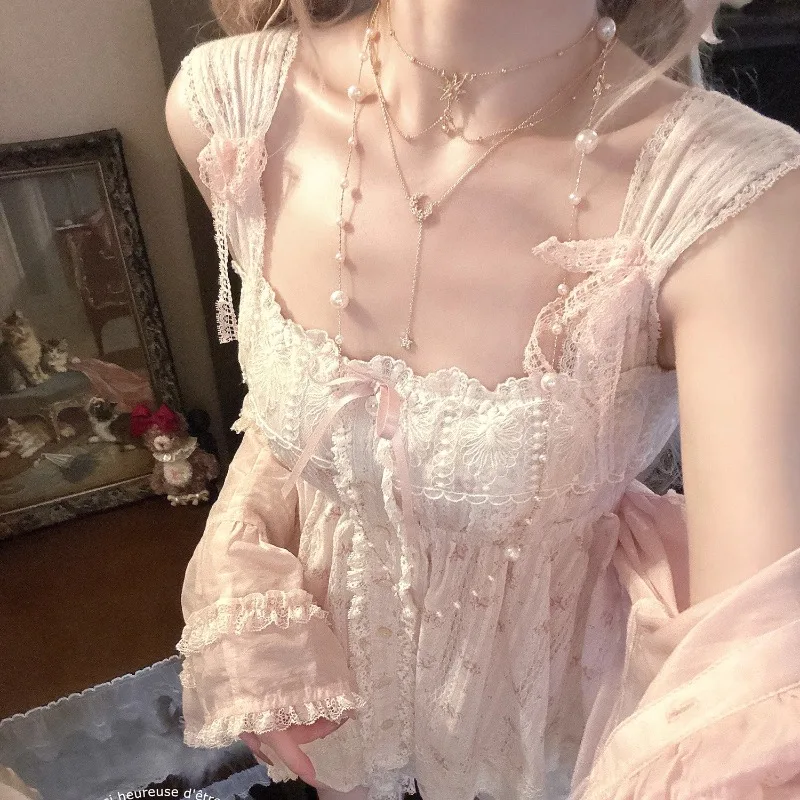 

New Japanese Lolita Lace Antique Strap Doll Shirt Single-Breasted Slim Fit Square Collar Blouse Sweet Cute Short Sleeves Blouse
