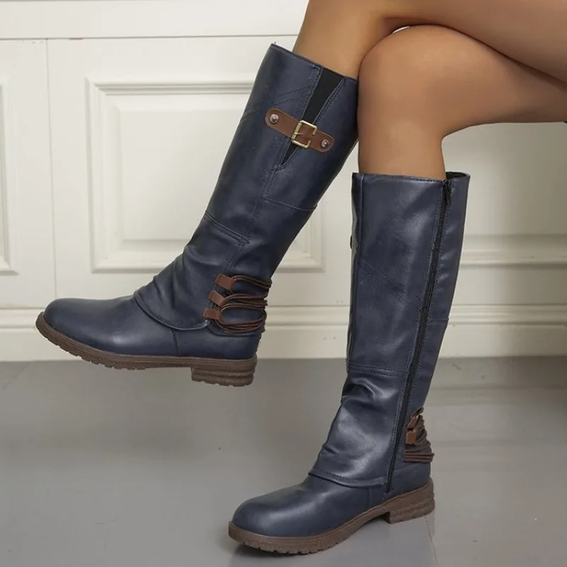Comemore herfst en winter nieuwe kniehoge laarzen voor dames lederen vierkante lage hak hoge laarzen Romeinse stijl riemgesp lange Botas