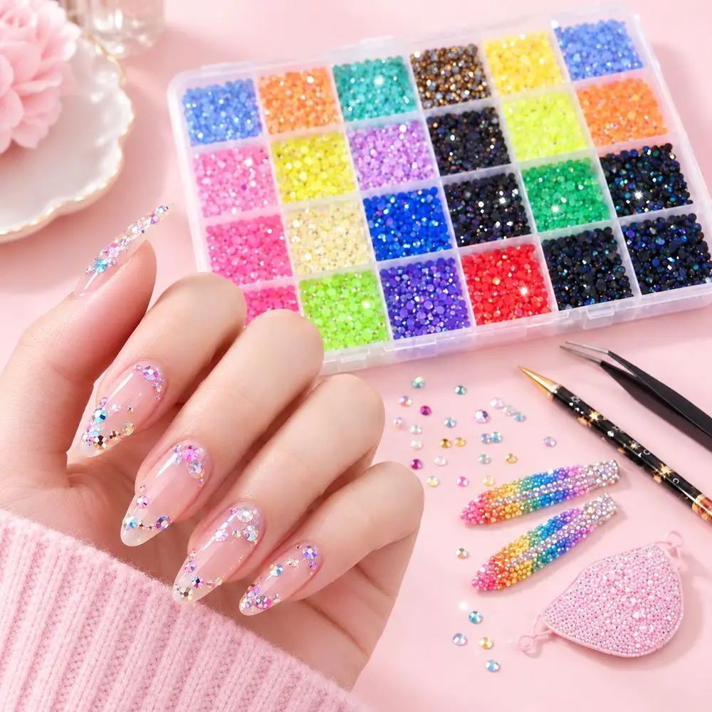 24Grids Faceted Cut Resin Nail Art Supplies Mixed Colors Rhinestones Multi Size for DIY Manicure Home Salon Phone Craft Decor