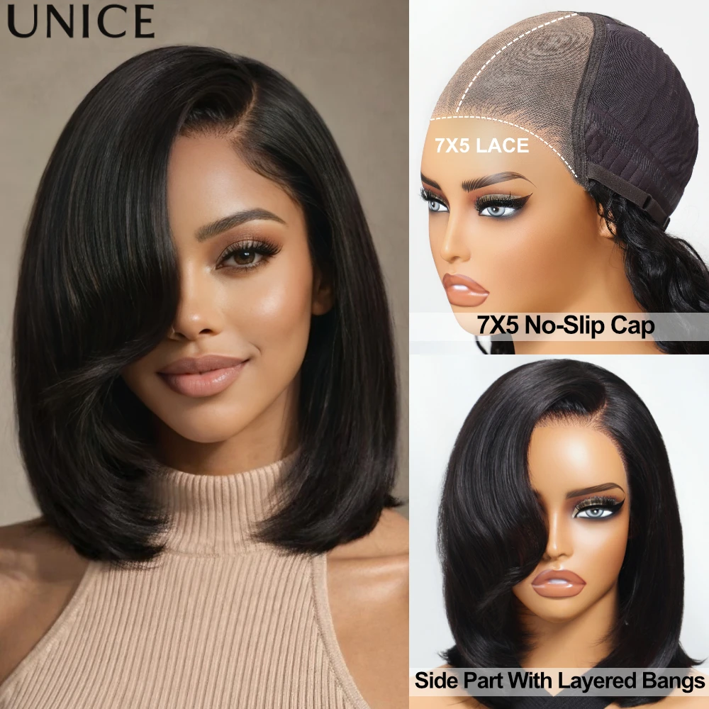 

UNICE Side Part Short Bob Wig Human Hair with Blow Out Layered Bangs 7x5 Lace Front Glueless Wigs Human Hair Ready To Wear
