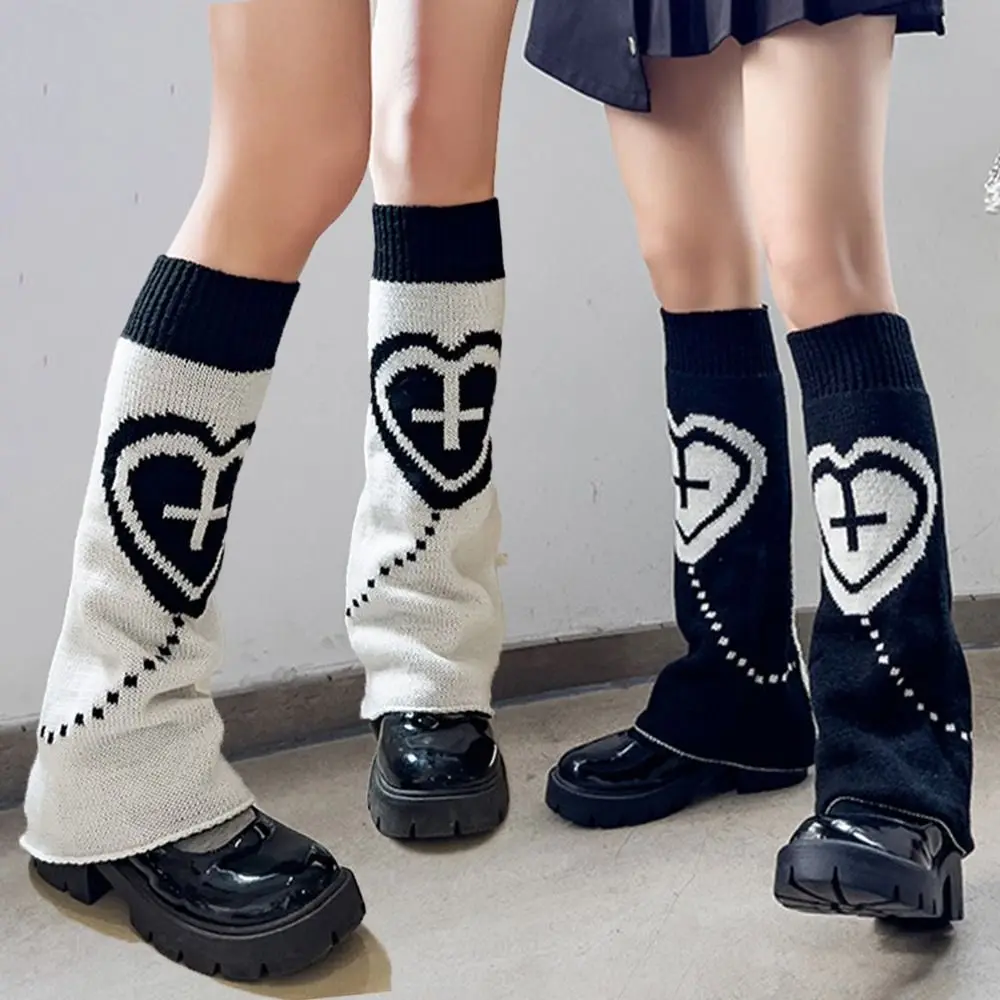 Star Pattern Women Leg Warmers Cross Design Two Side Wear Knitted Leg Warmers Heart Motif Loose Fit Knee High Leg Socks Winter