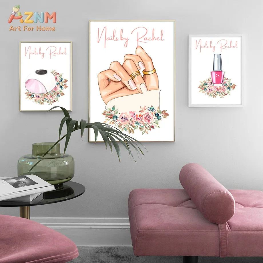 AZNM Nails by Rachel Floral Manicure Canvas Poster, Frameless Sweet Nail Salon Art Print Wall Decor For Beauty Studio Nail Shop