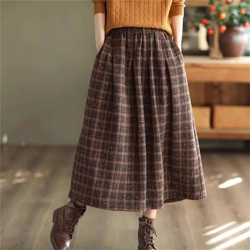 Retro Plaid Woolen Skirt Women Autumn Winter Literary Grid Midi Skirts Fashion Loose A-line Half Skirt Versatile