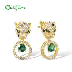 SANTUZZA Real 925 Sterling Silver Leopard Earrings For Women Green Spinel White CZ Dangling Animal Safari Cute Fine Jewelry