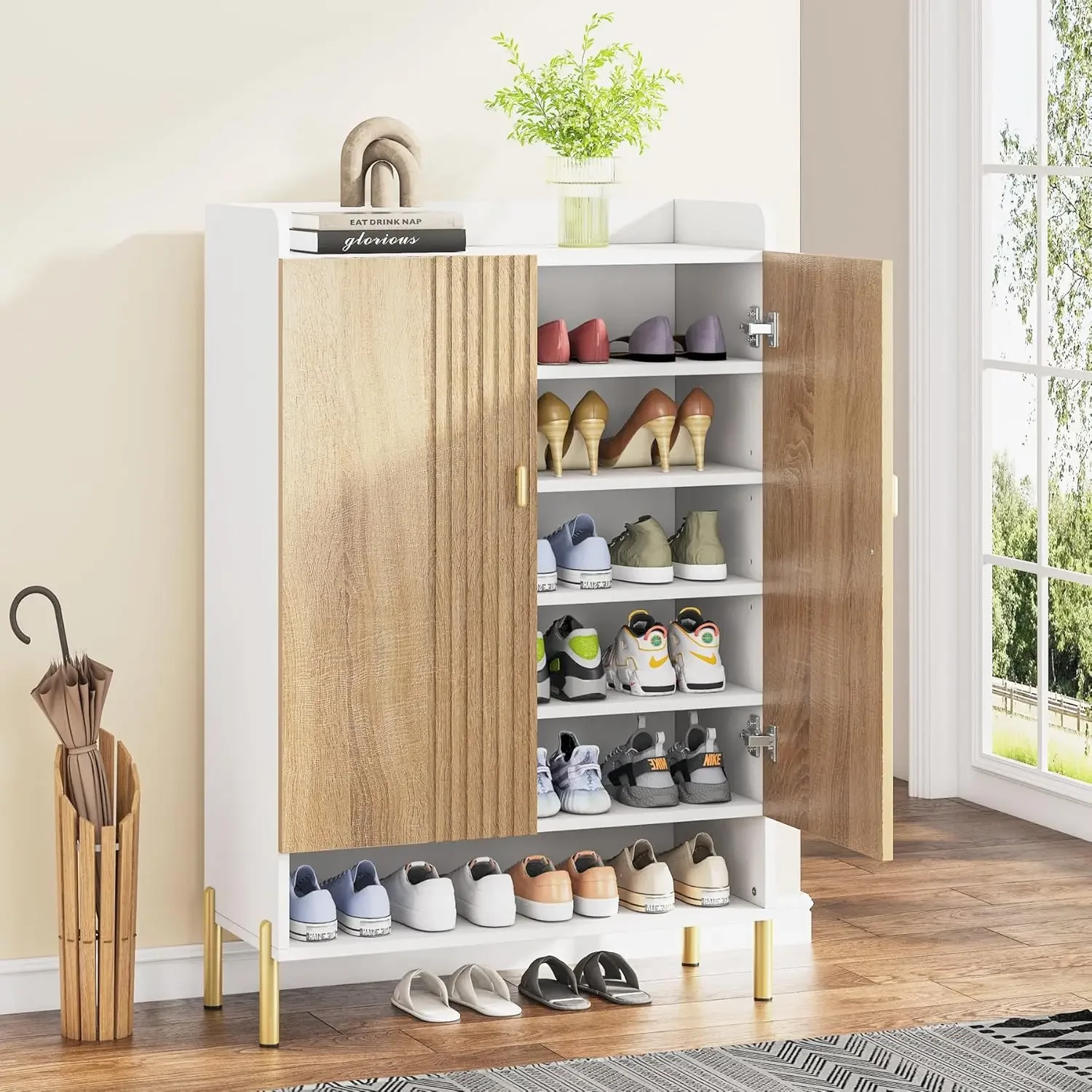 Shoe Cabinet Storage Entryway: 6-Tier Shoe Organizer Cabinet w/ Adjustable Shelves, Freestanding Wood Rack w/ Doors for Entryway