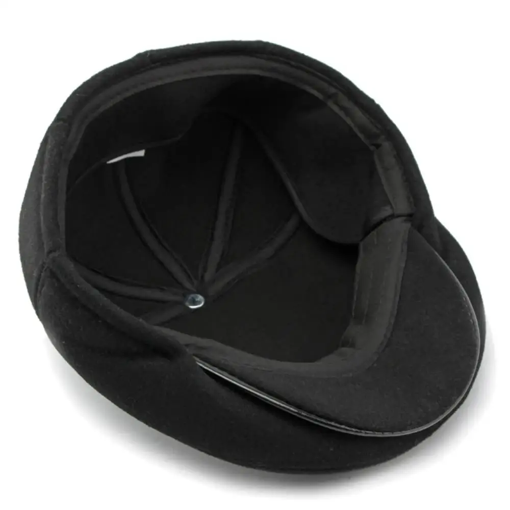 HT4287 Thick Warm Winter Caps for Men Solid Black Grey Flat Cap Male 5 Panels Beret Hat with Ear Flaps Beret Caps