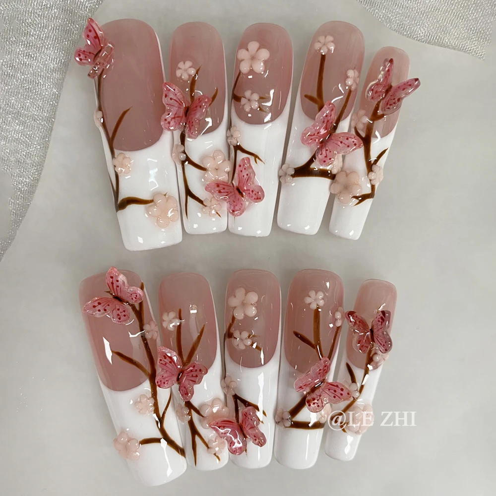 

Handwork French Spring 3D Three-dimensional Flower Butterfly Full Coverage Nails Art XXL Rectangular AB Diamond Press on Nails