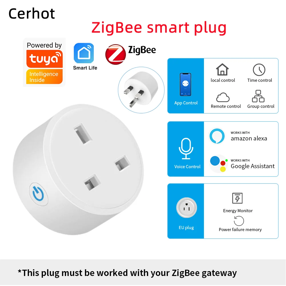 Tuya 스마트 플러그 20A Zigbee UK 소켓 3핀 어댑터 – 홈 알렉사 음성 제어 및 에너지 모니터링 타이머 기능 포함 전원 콘센트