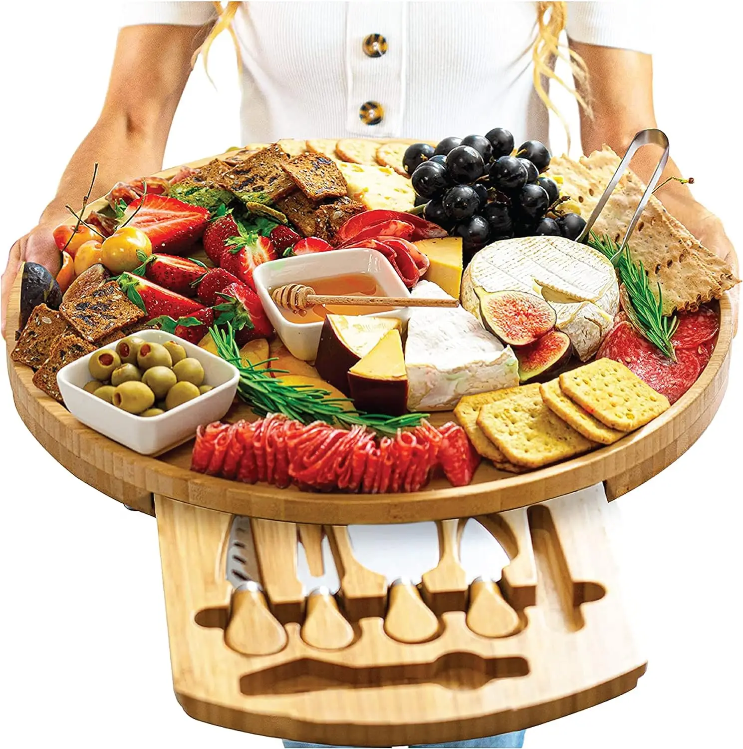 Large Round Charcuterie/Cheese Board Set and Knife Set, - 16 In, Extra Large, Wood Tray