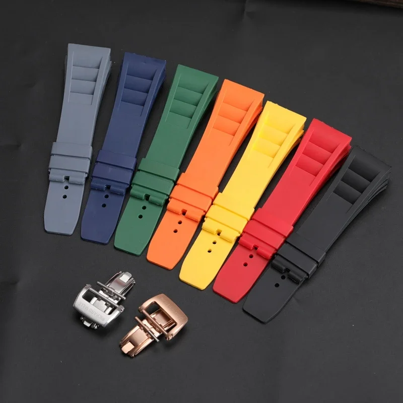 Solid Stainless Steel Fold Buckle Silicone Watch Strap Richard Mille for Men Multicolored 20x25mm Durable Soft Watchbands