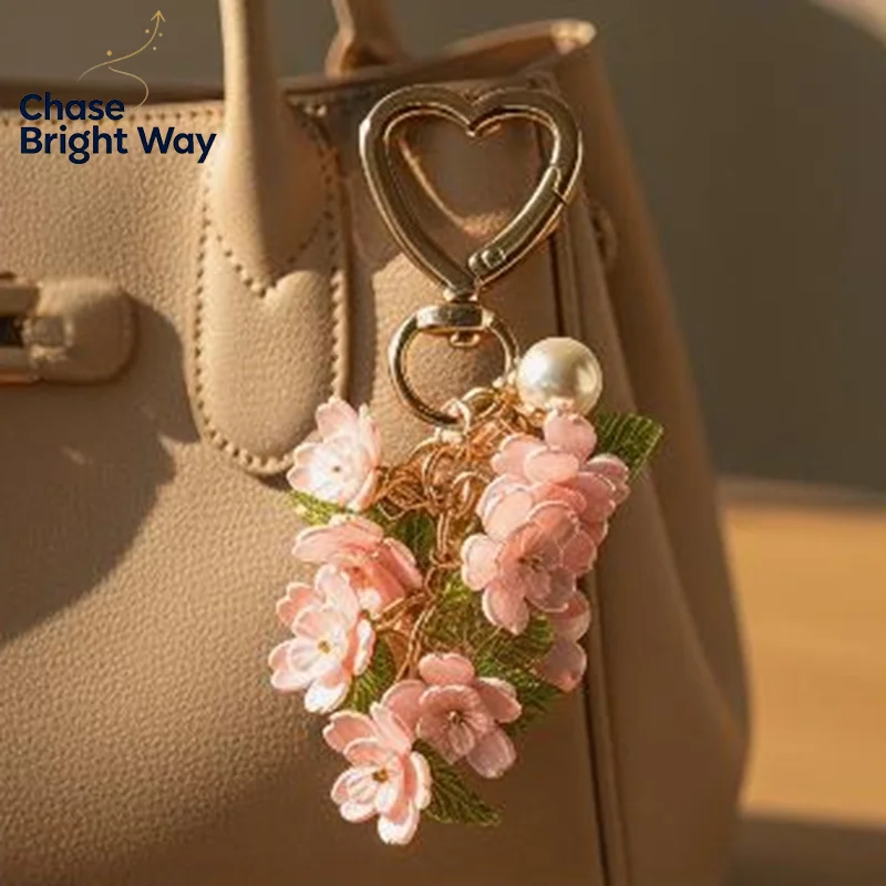 Heart Shaped Flower Filled Keychain Creative Fashionable Bag Pendant Charm for Women Girls Daily Purse Decoration Cute Gift
