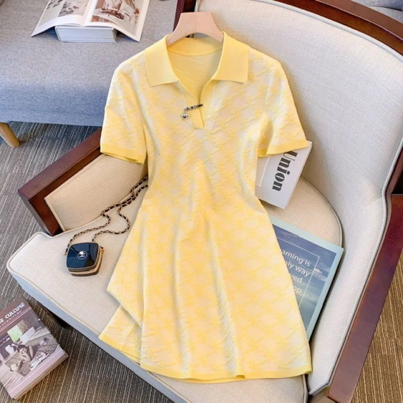 Sweet Young Girls Vitality Design Sense Knitting Ice Shreds Yellow POLO Collar Splicing 3D Women\'s A-line Skirt Summer 2024