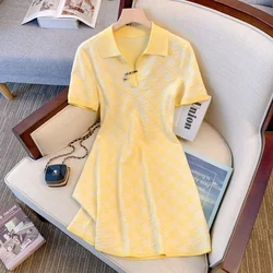 Sweet Young Girls Vitality Design Sense Knitting Ice Shreds Yellow POLO Collar Splicing 3D Women's A-line Skirt Summer 2024