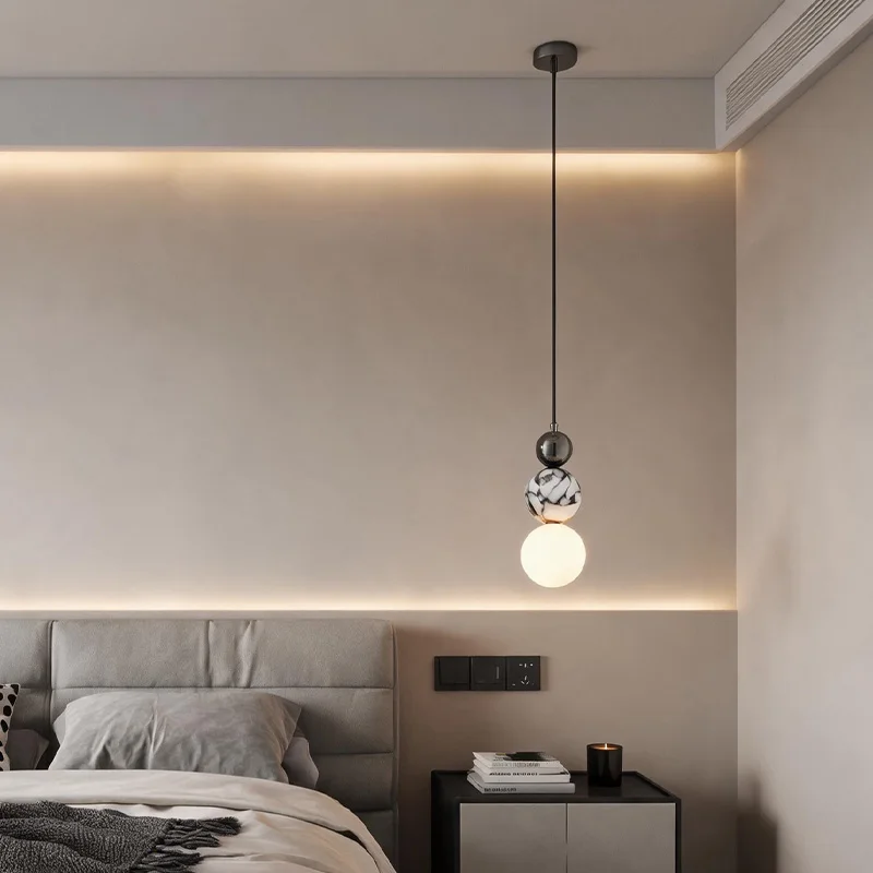 Natural Marble & Glass LED Pendant Light Fixture 7W Warm White Light 160cm Adjustable Hanging Wire Mini Globe Hang Lamp Wabi Sab