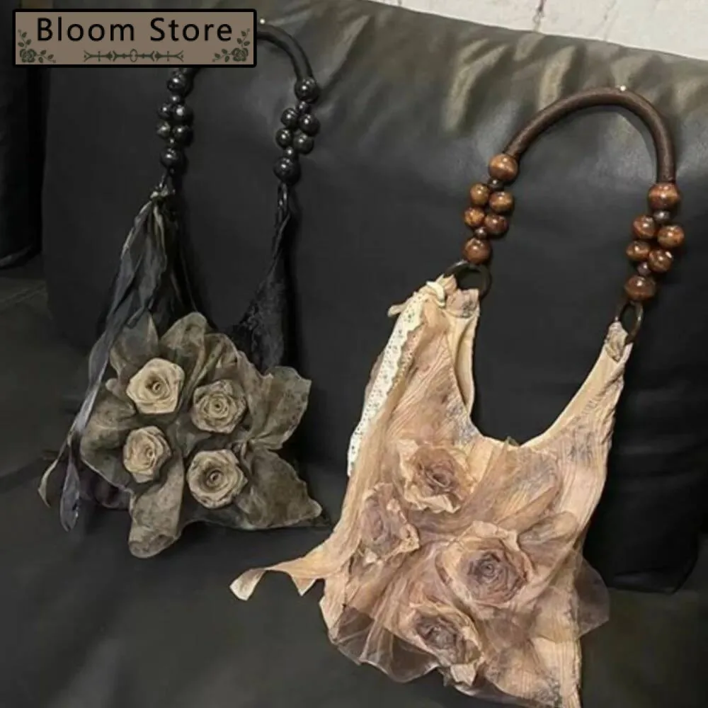 Bloom Fairy Core Rose Handbag Women Vintage Chinese Style Folds Chic Black Shoulder Bags Ladies Retro Sweet Cool Y2k Bag Purse