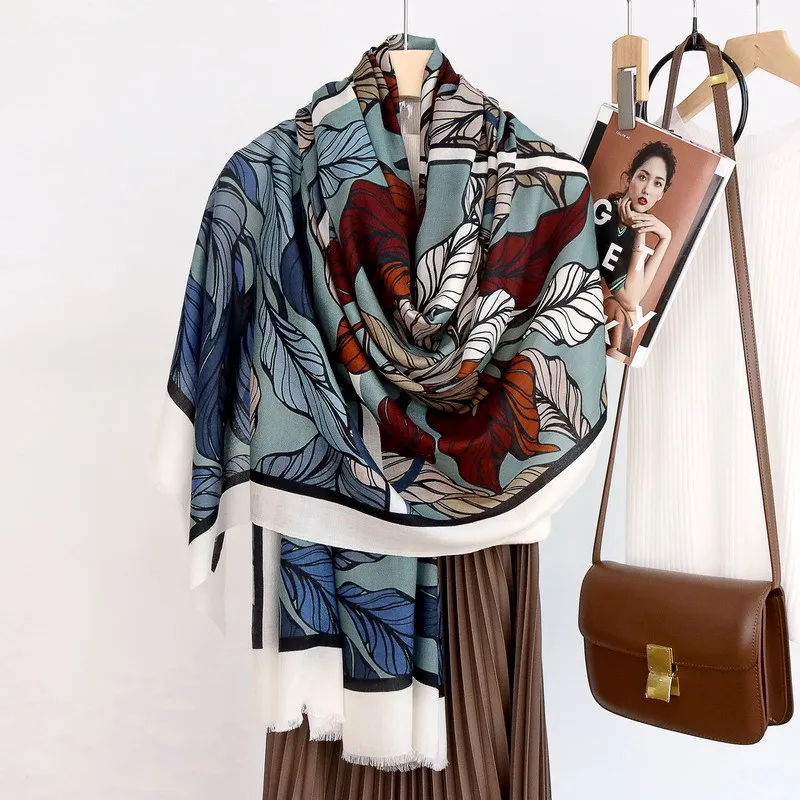 Winsleter-Women 100%Wool Elegant Long Scarf, 200*100CM Leaf Print, Mom Gift Retro Temperament Scarves, 2025 Winter New A5D127CC