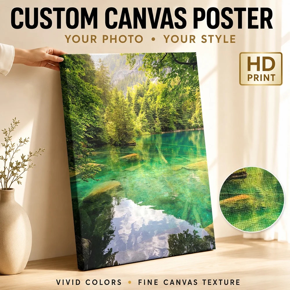 Blausee Turquoise Lake Surrounded By Lush Forest Framed Canvas Print Personalized Photo Contemporary Wall Art For Reading Nook
