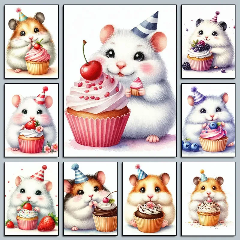 1PC Frameless  Happy Birthday Cream Cake Cute Sweet Hamster Canvas Painting Party Hat Watercolor Poster Wall Art Picture Room Ho