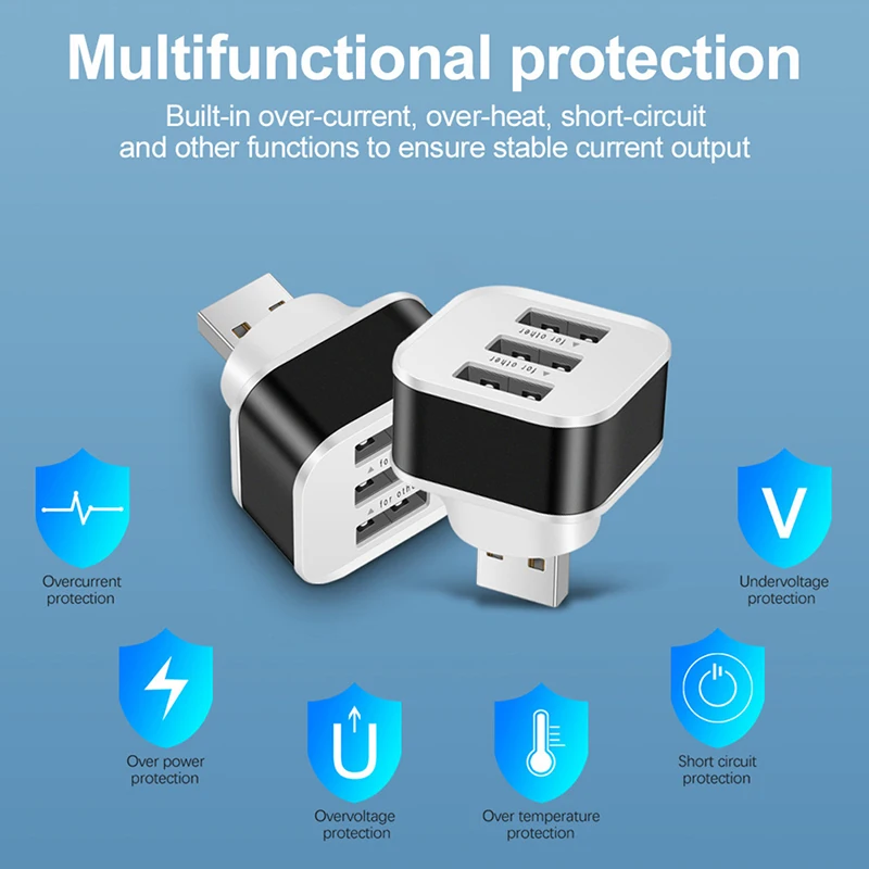 Extensor de carregamento USB para carro, divisor USB estendido de 3 portas com luz indicadora, Plug and Play, 3 em 1, Smart Phones Hubs, 2.0