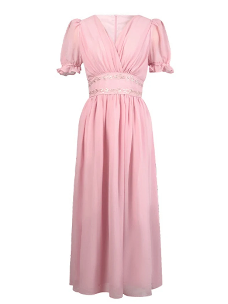 Women Vacation Clothes Chiffon Sweet Pink Short Sleeve Corset A-Line Long Dress Elegant Evening Party Prom Vestidos Robe Casual