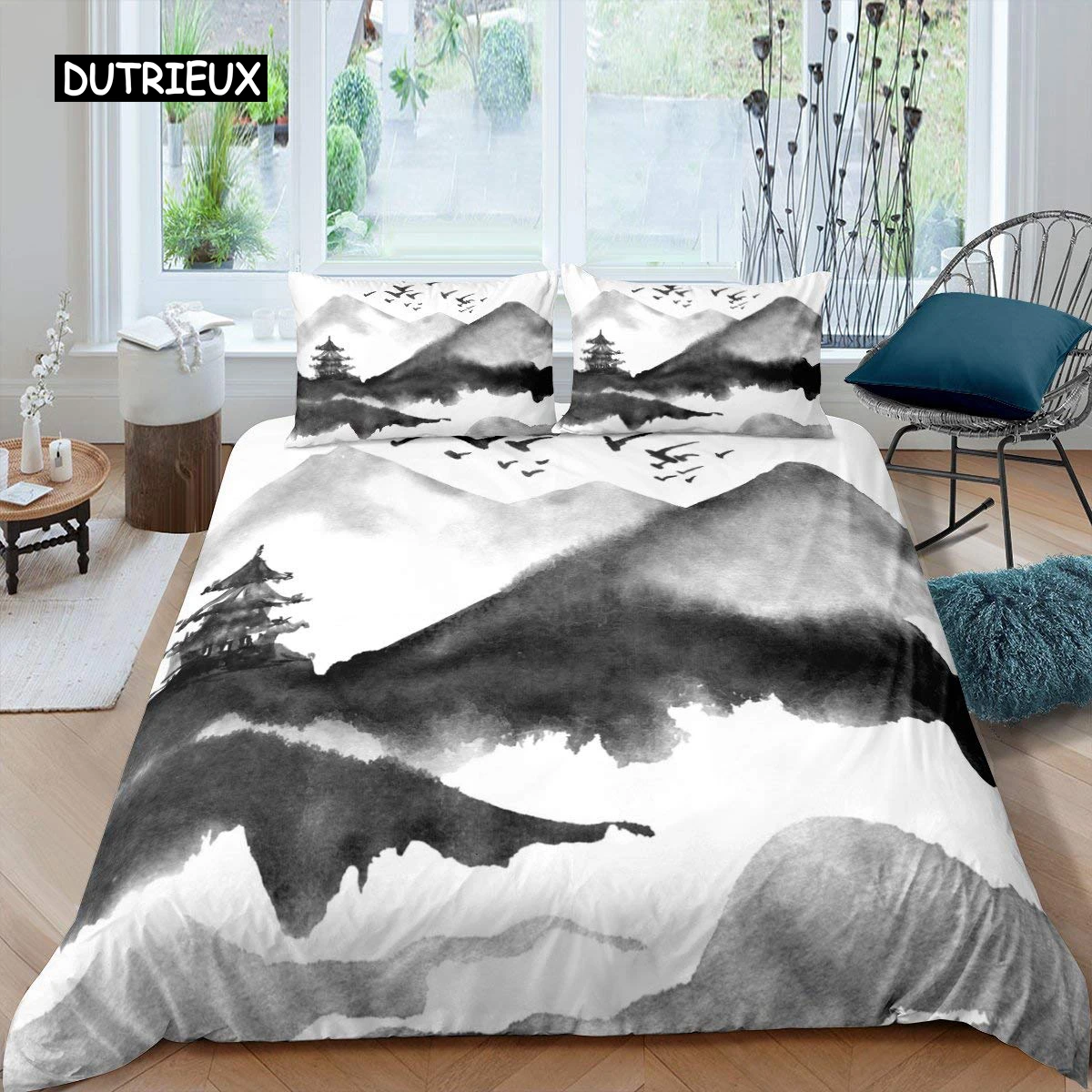 Ink Painting Duvet Cover Set Microfiber Abstract Natural Chinese Style Bedding Set Soft Landscape Theme 2/3 Pcs Comforter Cover