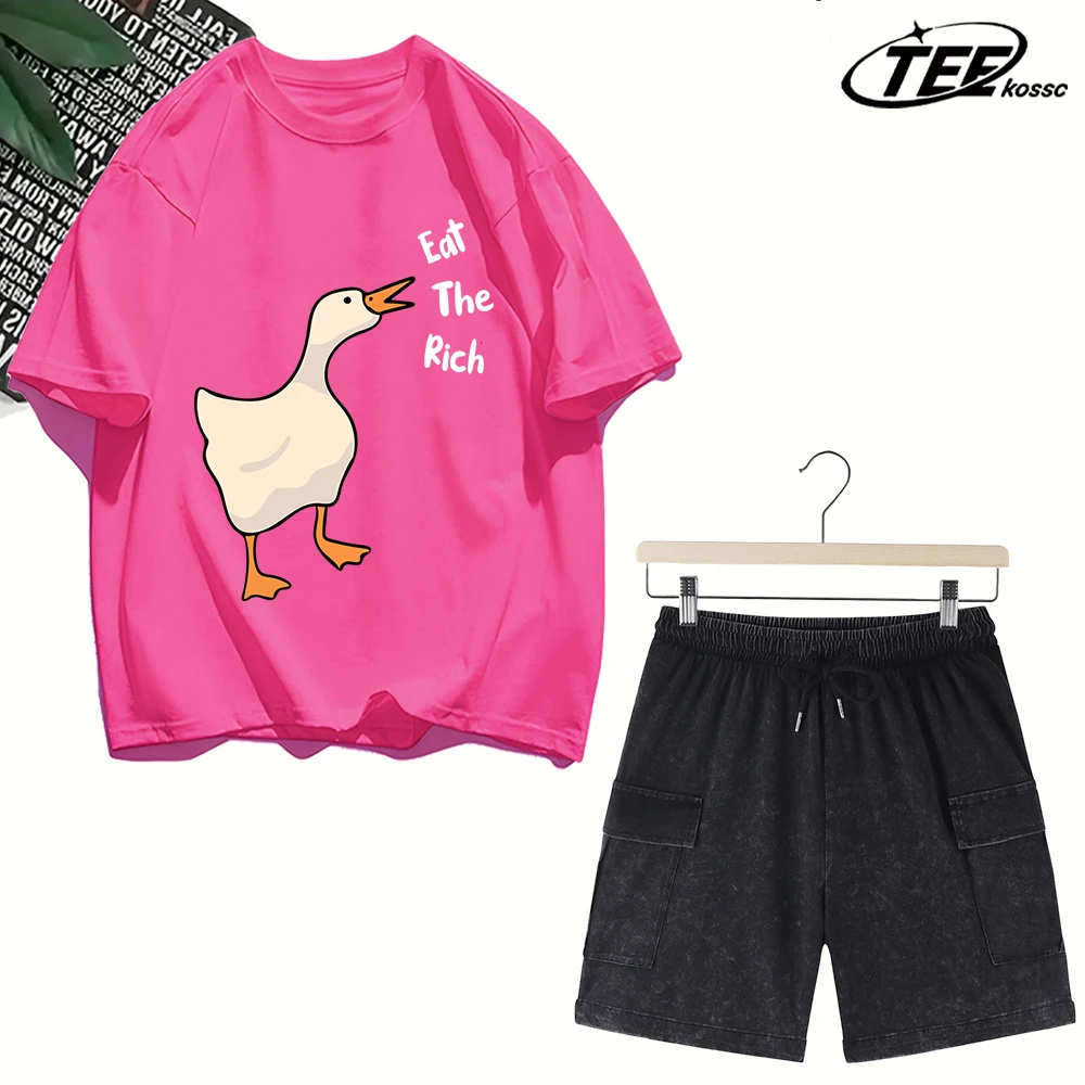 

Eat The Rich Goose Print Men T Shirts All-Match Cotton T-Shirt Casual Crewneck Loose Streetwear Man Summer Short Sleeve Set