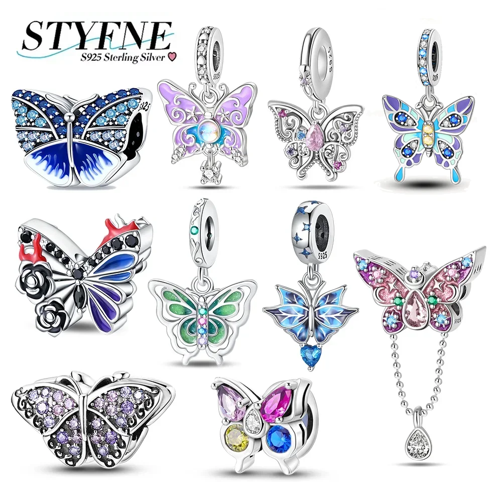 

Подвески из серебра 925 пробы, серия бабочек, циркон, красочная подвеска из бисера в виде бабочки, подходит для оригинального браслета, изготовление ювелирных изделий своими руками для женщин