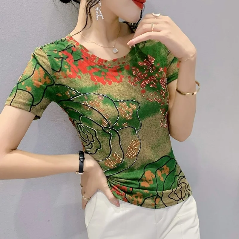 #7242 Vintage Mesh T Shirt 3D Printed Short Sleeve T Shirt Women Round Neck Flower Diamonds Sexy Skinny Office Tee Shirt Femme