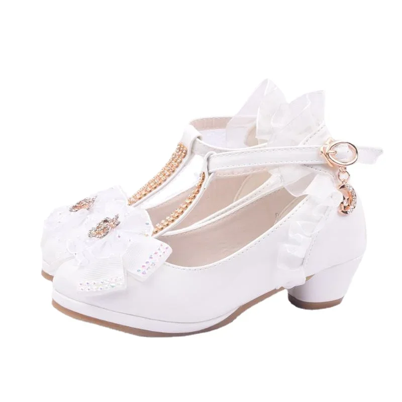 Children Party Leather Shoes Girls PU Low Heel Lace Flower Kids Wedding Shoes Girls Sandals Dance Dress Dance Shoe White Pink