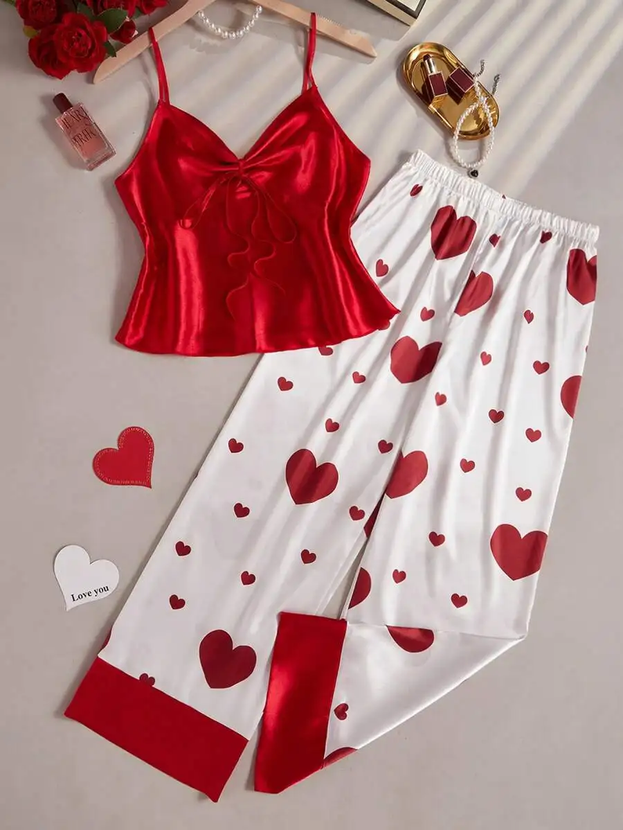 

Red Satin Tie-Front Cami Top & White Heart Print Wide Leg Pajama Set