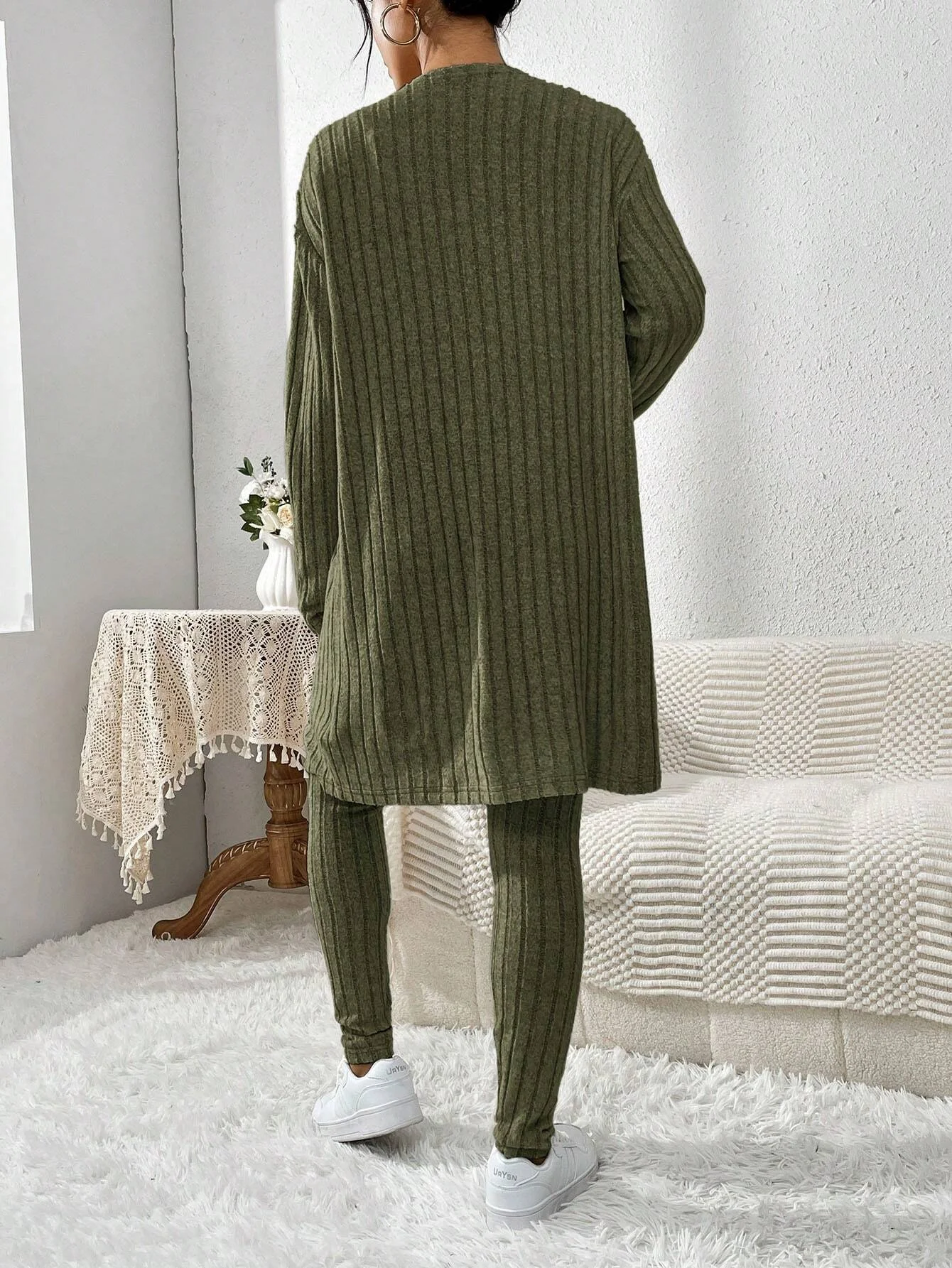 Women 3‑Piece Loungewear Set, Ribbed Cami Top, Drawstring Leggings and Long Open Cardigan