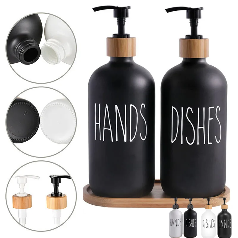 500ml Hand Dish Soap Dispenser Set With Bamboo Tray Refillable Plastic Bottle Shampoo Shower Gel Lotion Liquid Empty Container