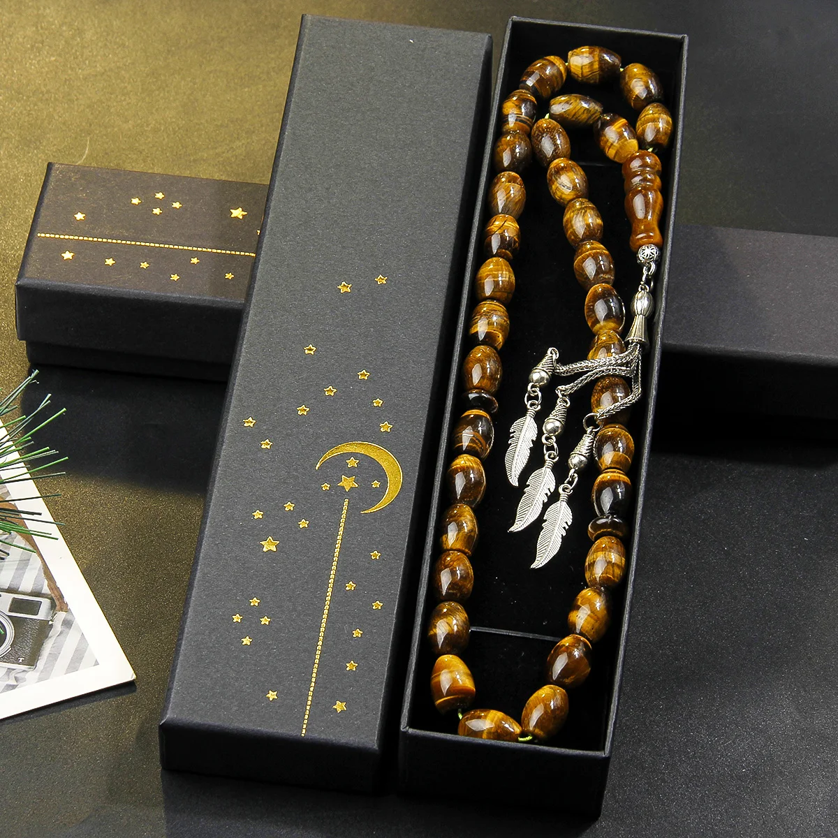 10 * 14mm Tiger Eye Stone Praise Bead Bracelet Prayer Pilgrimage Prayer Bead Bracelet Classic Feather Pendant Bracelet