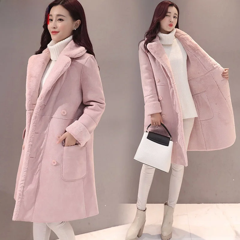 Lamb Fur Jacket Women's Korean Style Winter Thickened Fleece Lined Suede Coat Medium Length Integrated Fur Collar Cotton Clothes