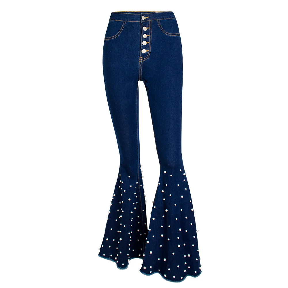 Stretch Pearl Jeans Women Flared Pants Wide Leg Boot Cut Denim Trousers High Waist Beaded Diamonds Bell Bottom Palazzo Bootcut