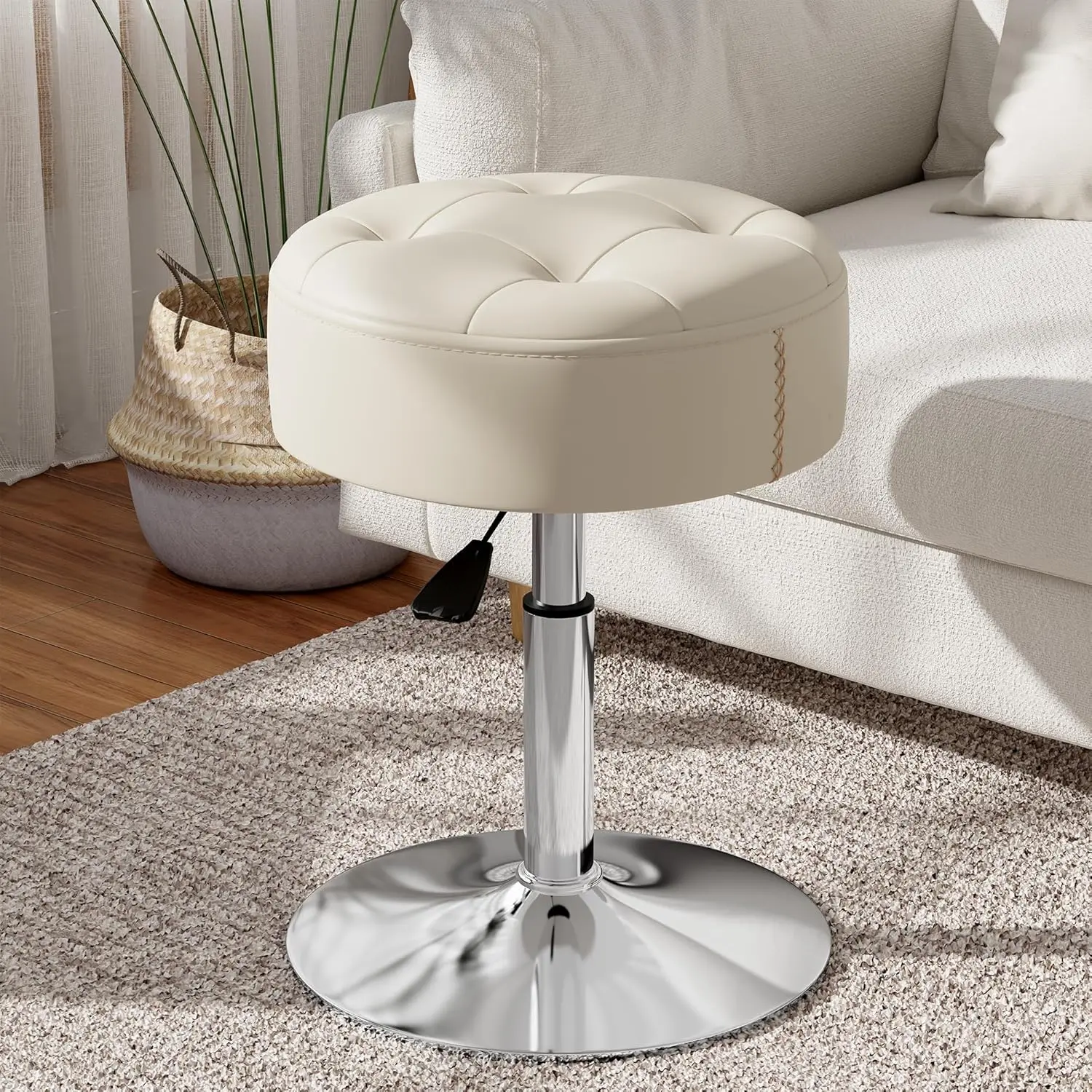 White Adjustable Vanity Stool with 360° Swivel, Heavy Duty 300lbs Capacity, Fire-Resistant for Makeup Desk