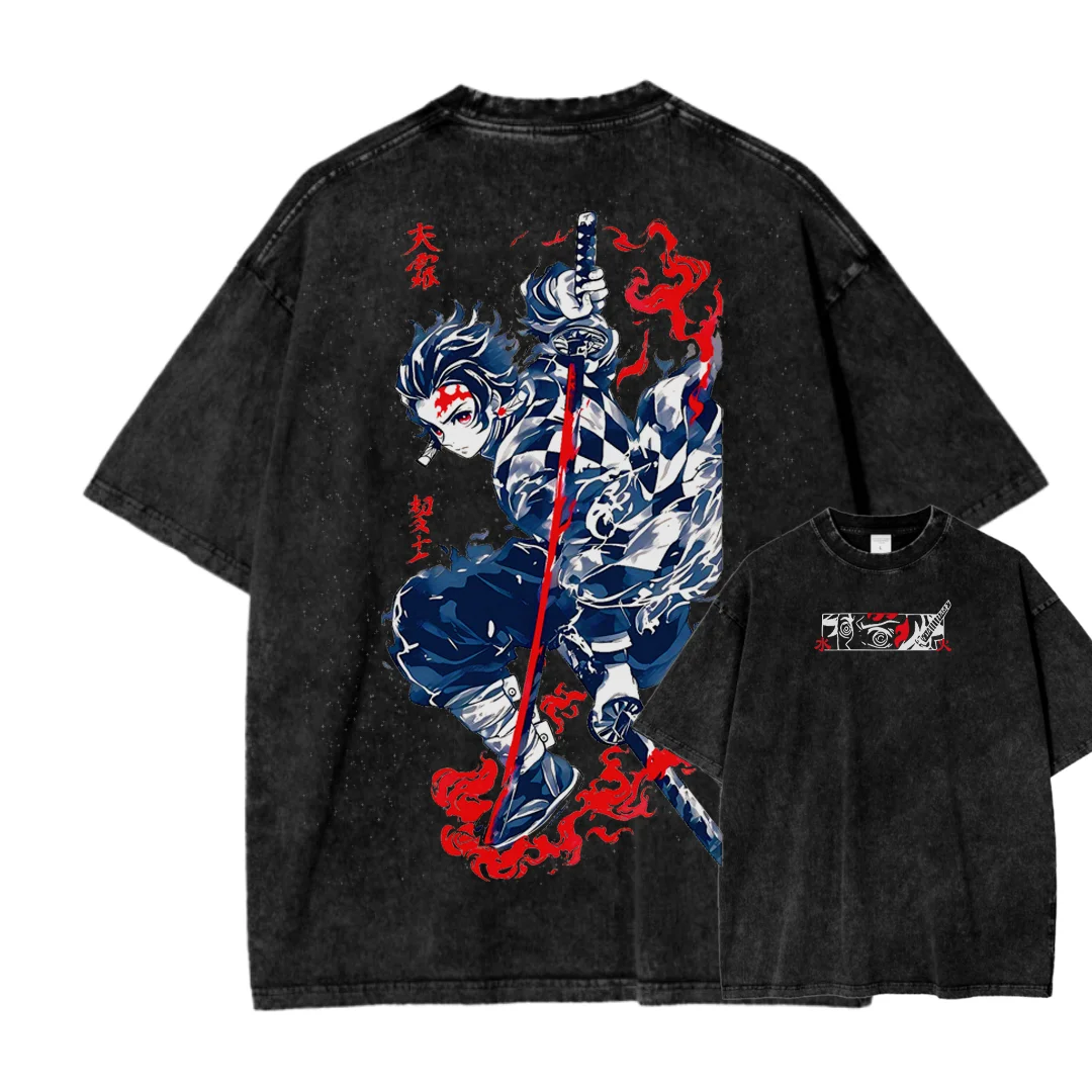 

Demon slayer kamado tanjiro graphic t shirts oversized unisex fit vintage washed y2k tops harajuku streetwear anime t shirt