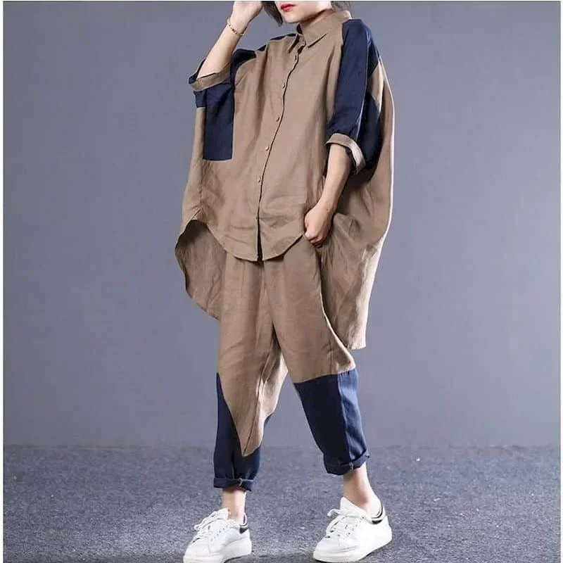 Pop Pants Set Casual Oversized Quarter Sleeve Irregular Shirts Elastic Waist Harem Pants Korean Style Two Piece Sets Women Outfi