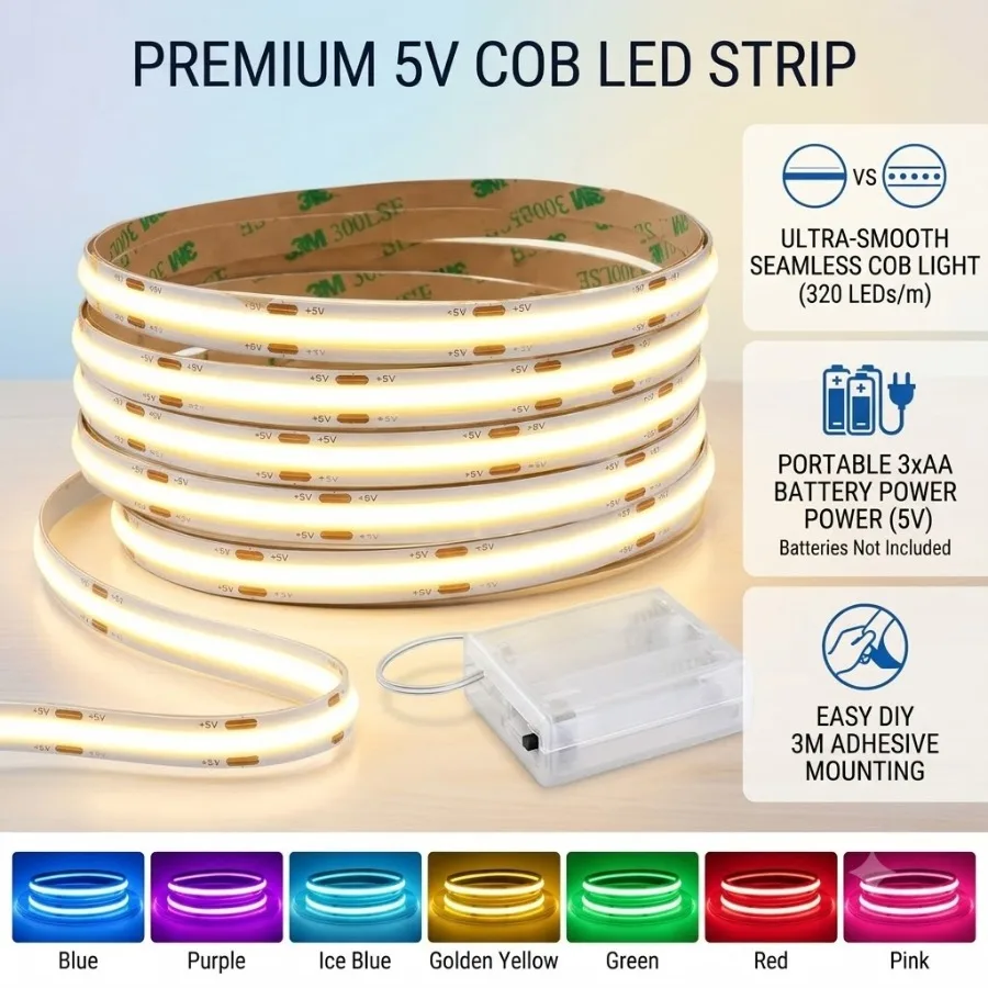 8mm Width 5V COB LED Strip 320LEDs/M 3AA Battery Box Warm Natural Cool White Light Bedroom Cabinet TV Background Decor Lamp